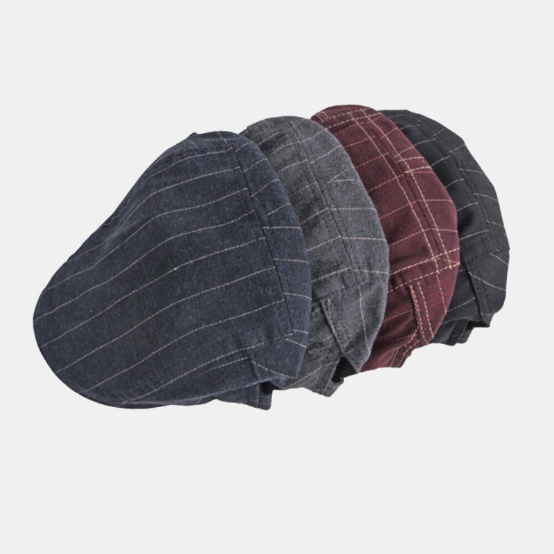 Män Newsboy Hatt Bomull Vintage Randig Tunn Andas Brittisk Basker Flat Cap