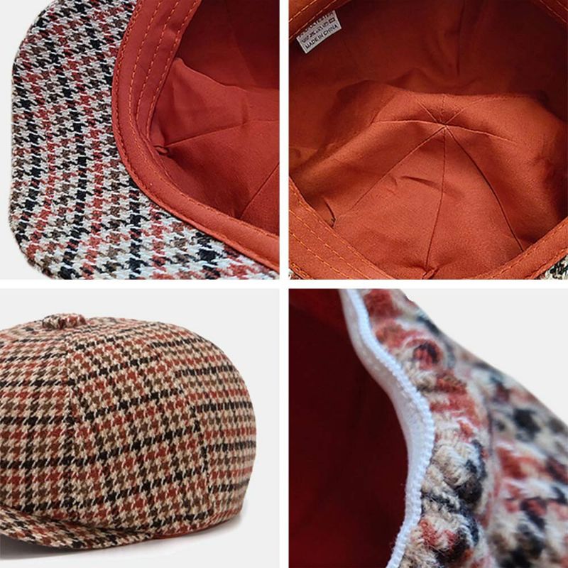 Män Newsboy Hattar Brittisk Retro Houndstooth Randig Kupol Octagonal Hat Cabbie Hat