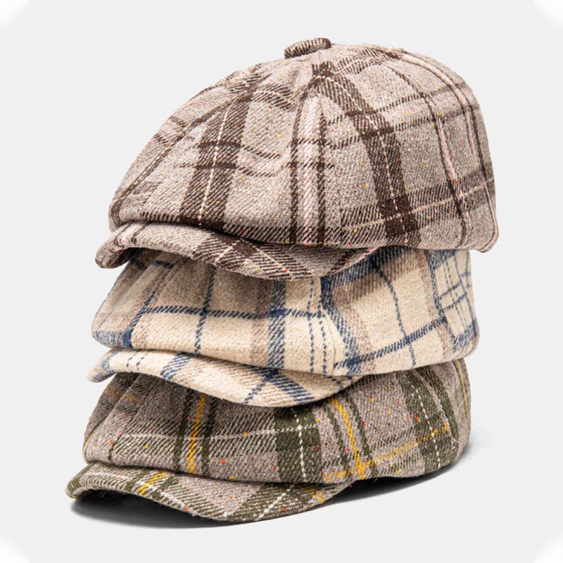 Män Newsboy Hattar Ylletyg Bomull Färgmatchande Gitter Vintage Octagonal Hat Basker Platt Keps