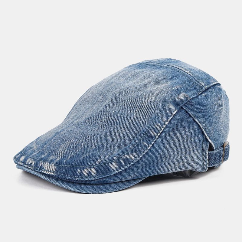 Män Newsboy Keps Tvättad Denim Enfärgad Andningsbar Justerbar Utomhussolskydd Casual Framåt Hatt Basker Platt Keps