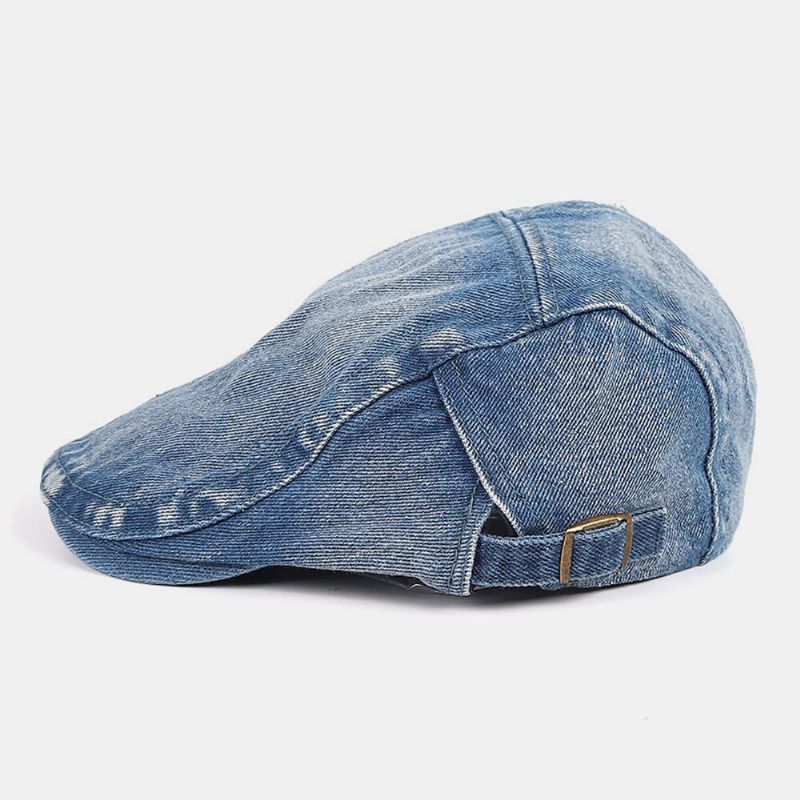 Män Newsboy Keps Tvättad Denim Enfärgad Andningsbar Justerbar Utomhussolskydd Casual Framåt Hatt Basker Platt Keps