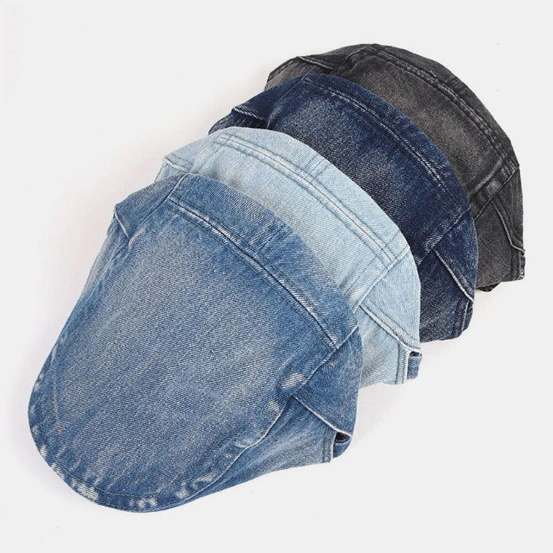 Män Newsboy Keps Tvättad Denim Enfärgad Andningsbar Justerbar Utomhussolskydd Casual Framåt Hatt Basker Platt Keps