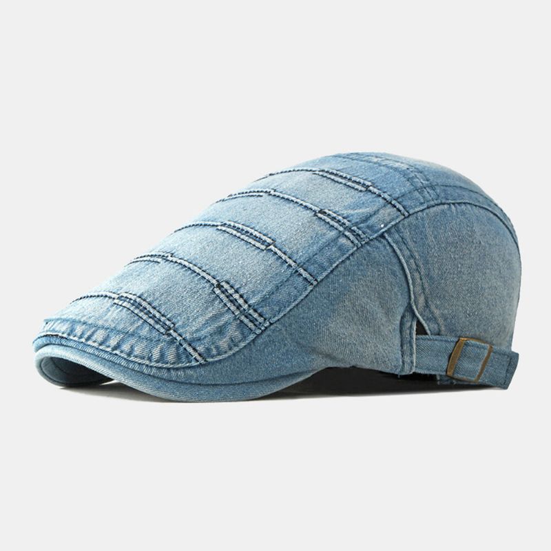 Män Newsboy Keps Tvättad Denim Enstaka Randiga Sömmar Casual Framåt Hatt Basker Platt Keps