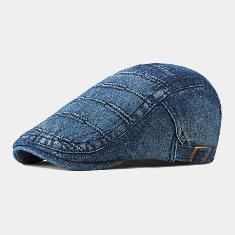 Män Newsboy Keps Tvättad Denim Enstaka Randiga Sömmar Casual Framåt Hatt Basker Platt Keps