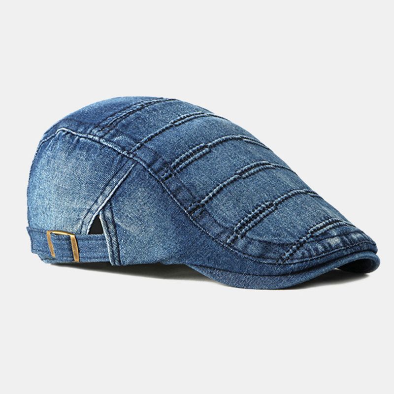 Män Newsboy Keps Tvättad Denim Enstaka Randiga Sömmar Casual Framåt Hatt Basker Platt Keps