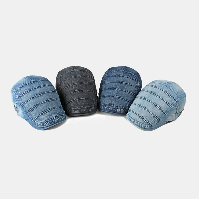 Män Newsboy Keps Tvättad Denim Enstaka Randiga Sömmar Casual Framåt Hatt Basker Platt Keps