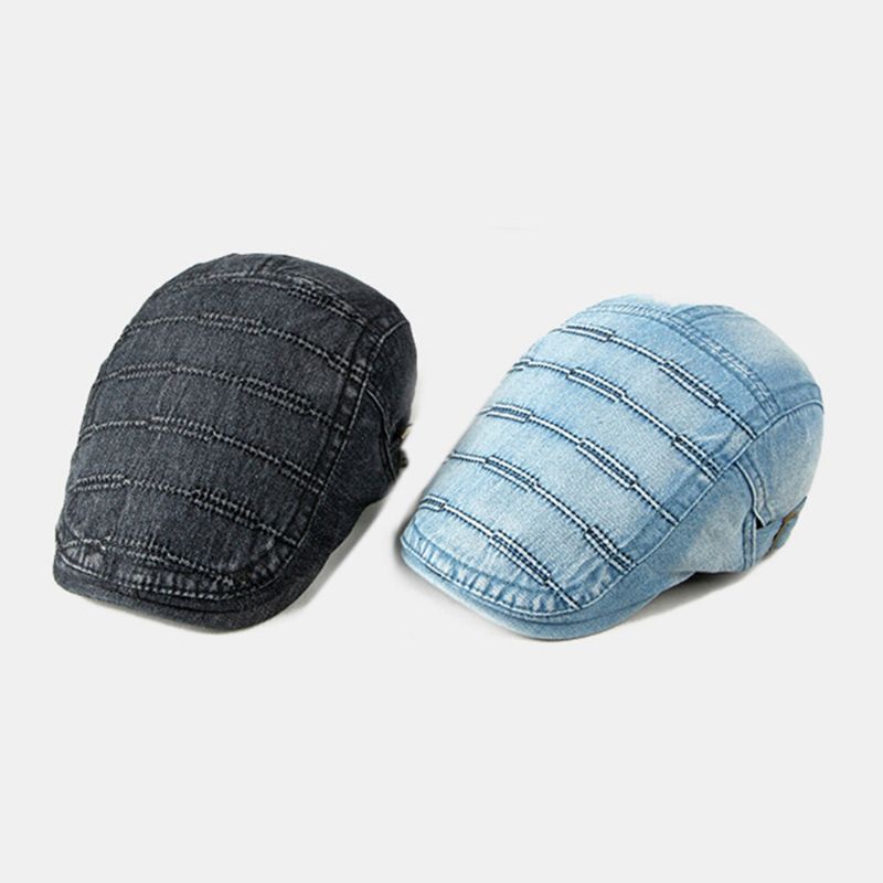 Män Newsboy Keps Tvättad Denim Enstaka Randiga Sömmar Casual Framåt Hatt Basker Platt Keps