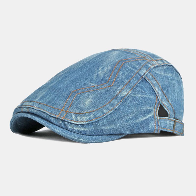 Män Newsboy Keps Tvättad Denim Fasta Toppsydda Sömmar Utomhus Andas Solskydd Casual Vintage Framåt Hatt Basker Platt Keps