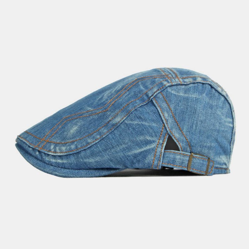 Män Newsboy Keps Tvättad Denim Fasta Toppsydda Sömmar Utomhus Andas Solskydd Casual Vintage Framåt Hatt Basker Platt Keps