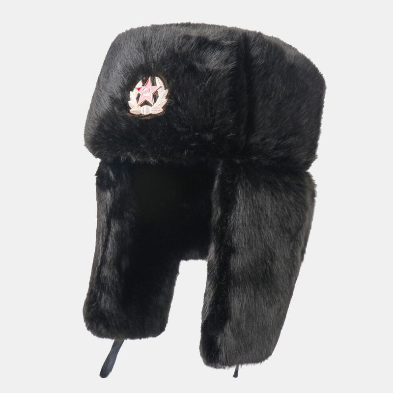 Män Plysch Metal Badge Varm Vindtät Öronskydd Trapper Hat Vinter Utomhus Kallsäker Ushanka Hatt