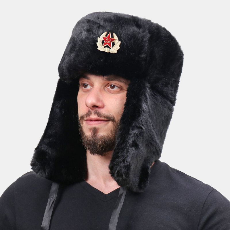 Män Plysch Metal Badge Varm Vindtät Öronskydd Trapper Hat Vinter Utomhus Kallsäker Ushanka Hatt