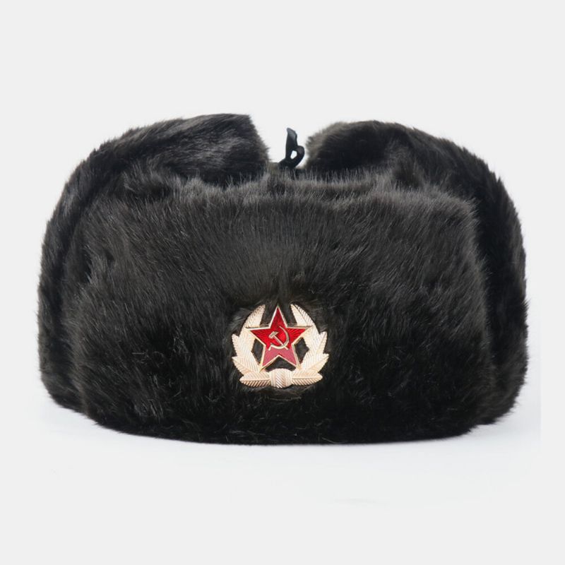 Män Plysch Metal Badge Varm Vindtät Öronskydd Trapper Hat Vinter Utomhus Kallsäker Ushanka Hatt