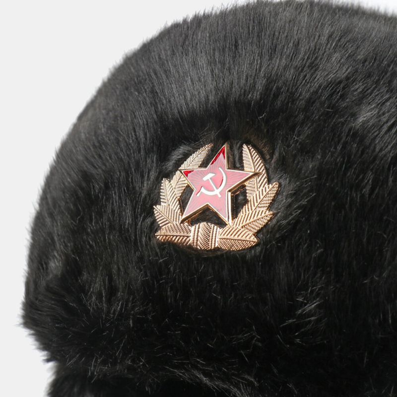 Män Plysch Metal Badge Varm Vindtät Öronskydd Trapper Hat Vinter Utomhus Kallsäker Ushanka Hatt