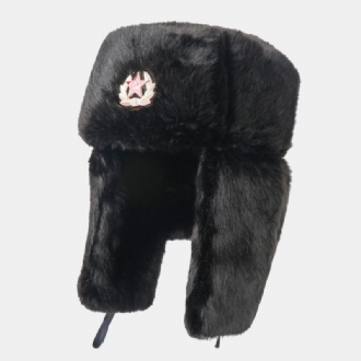 Män Plysch Metal Badge Varm Vindtät Öronskydd Trapper Hat Vinter Utomhus Kallsäker Ushanka Hatt