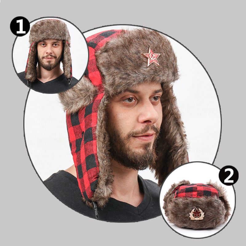 Män Plysch Pläd Soviet Badge Vindtät Vattentät Ushanka Hatt Utomhus Sport Tjocka Öronskydd Warm Trapper Hat