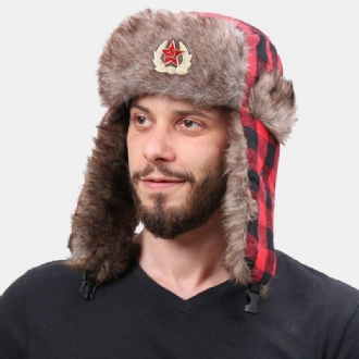 Män Plysch Pläd Soviet Badge Vindtät Vattentät Ushanka Hatt Utomhus Sport Tjocka Öronskydd Warm Trapper Hat