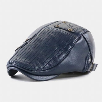 Män Pu Läder Stripe Stitch Stor Brätte Basker Platt Keps Casual Sida Justerbart Spänne Newsboy Hatt Framåt Hatt