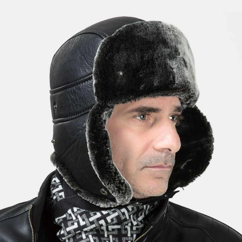 Män Pu Läder Vinter Thicken Plus Velvet Warm Trapper Hat Utomhus Vindtät Cool Skydd Ushanka Hatt