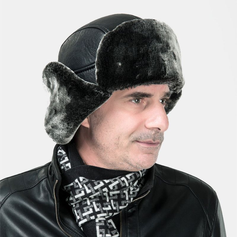 Män Pu Läder Vinter Thicken Plus Velvet Warm Trapper Hat Utomhus Vindtät Cool Skydd Ushanka Hatt