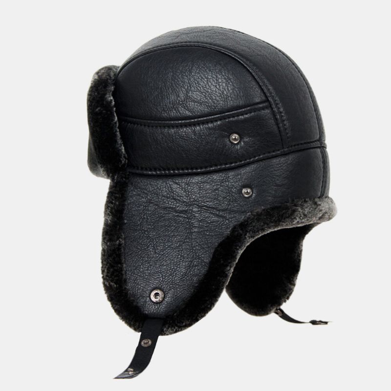 Män Pu Läder Vinter Thicken Plus Velvet Warm Trapper Hat Utomhus Vindtät Cool Skydd Ushanka Hatt