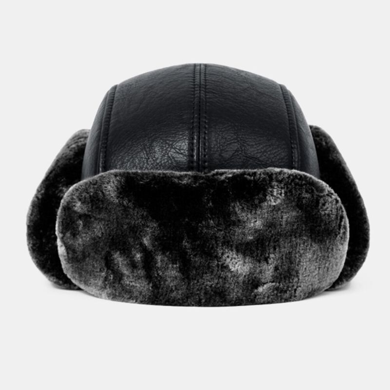 Män Pu Läder Vinter Thicken Plus Velvet Warm Trapper Hat Utomhus Vindtät Cool Skydd Ushanka Hatt