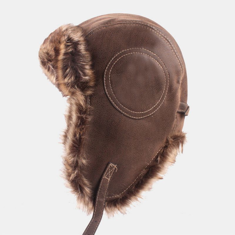 Män Pu Thicken Plysch Foder Trapper Hat Utomhus Öronskydd Vindtät Värme Ushanka Hatt