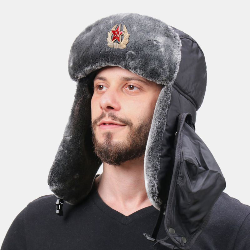 Män Solid Soviet Badge Vindtät Trapper Hat Outdoor Thicken Ear Protection Varm Rysk Hatt Ushanka Hat