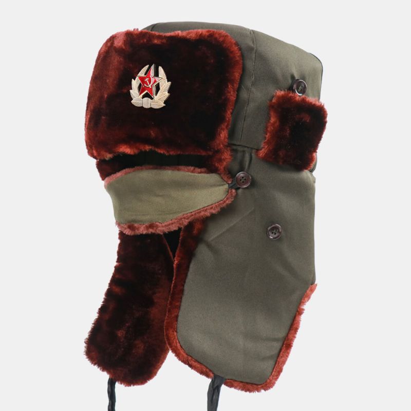 Män Soviet Badge Thicken Plus Velvet Trapper Hat Vinter Cykling Varmt Hörselskydd Vindtät Rysk Hatt Ushanka Hatt