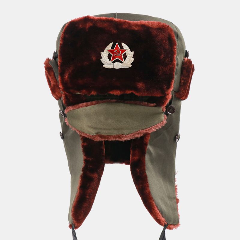 Män Soviet Badge Thicken Plus Velvet Trapper Hat Vinter Cykling Varmt Hörselskydd Vindtät Rysk Hatt Ushanka Hatt