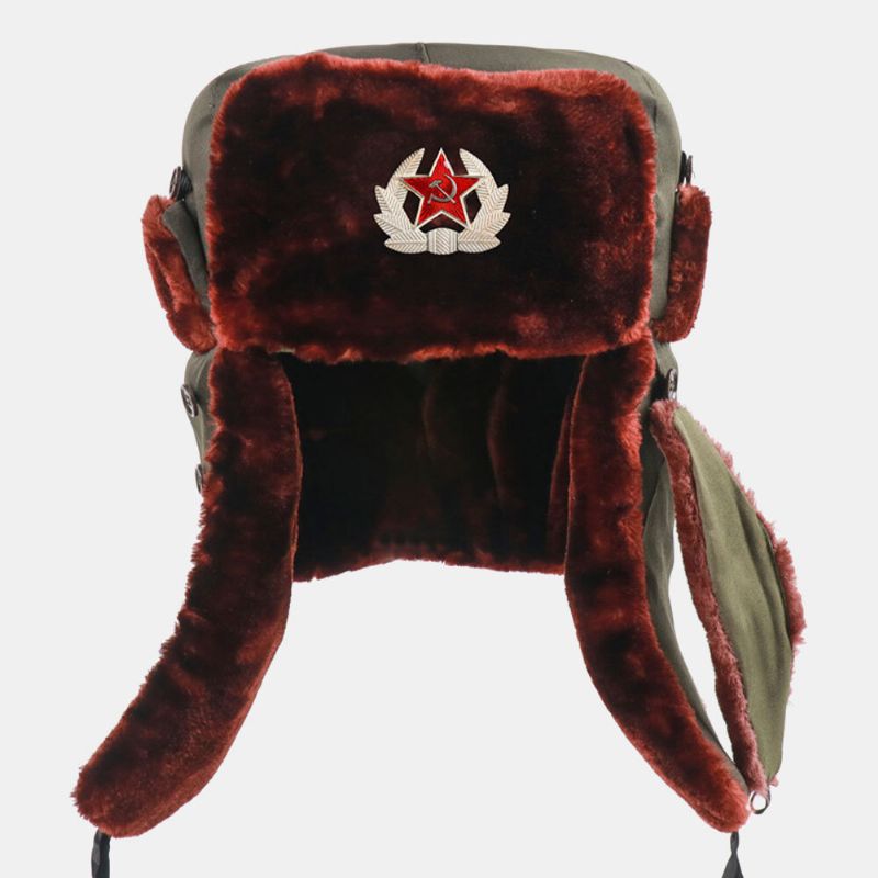 Män Soviet Badge Thicken Plus Velvet Trapper Hat Vinter Cykling Varmt Hörselskydd Vindtät Rysk Hatt Ushanka Hatt