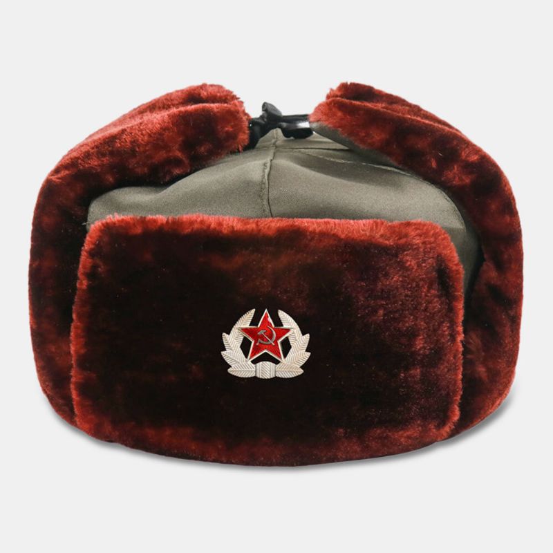 Män Soviet Badge Thicken Plus Velvet Trapper Hat Vinter Cykling Varmt Hörselskydd Vindtät Rysk Hatt Ushanka Hatt