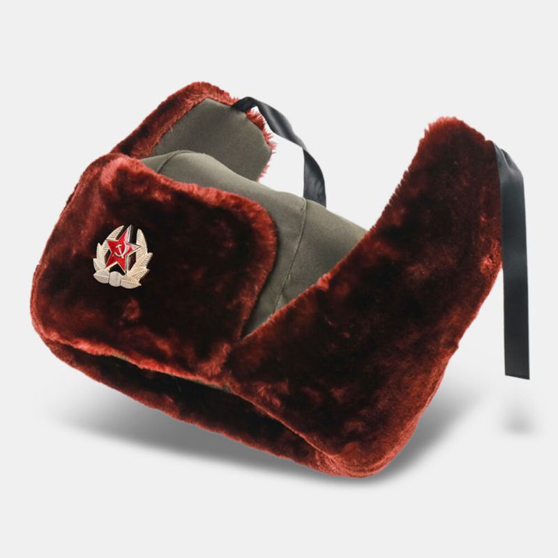 Män Soviet Badge Thicken Plus Velvet Trapper Hat Vinter Cykling Varmt Hörselskydd Vindtät Rysk Hatt Ushanka Hatt