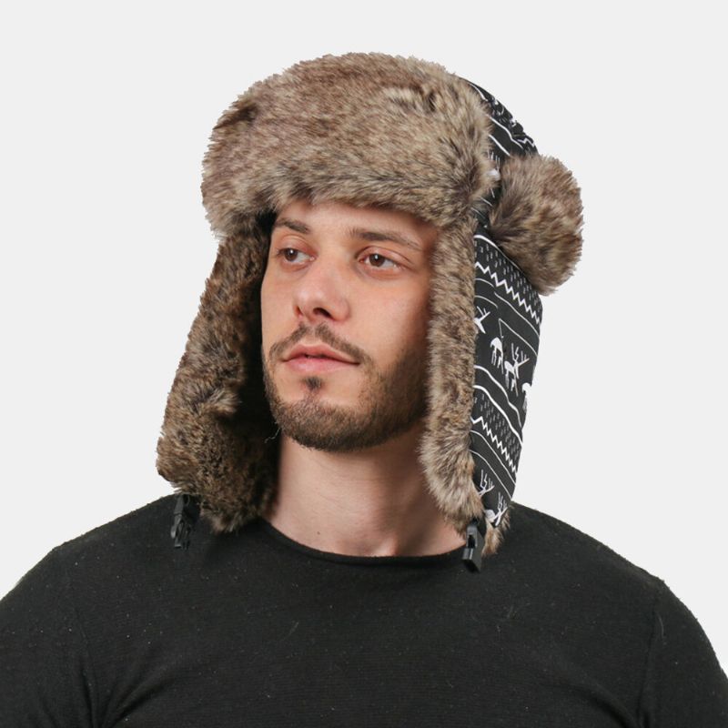 Män Stick Figur Får Mönster Tjocka Varm Trapper Hatt Utomhus Vindtät Öronskydd Jul Hatt Ushanka Hatt Rysk Hatt