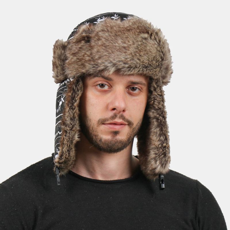 Män Stick Figur Får Mönster Tjocka Varm Trapper Hatt Utomhus Vindtät Öronskydd Jul Hatt Ushanka Hatt Rysk Hatt