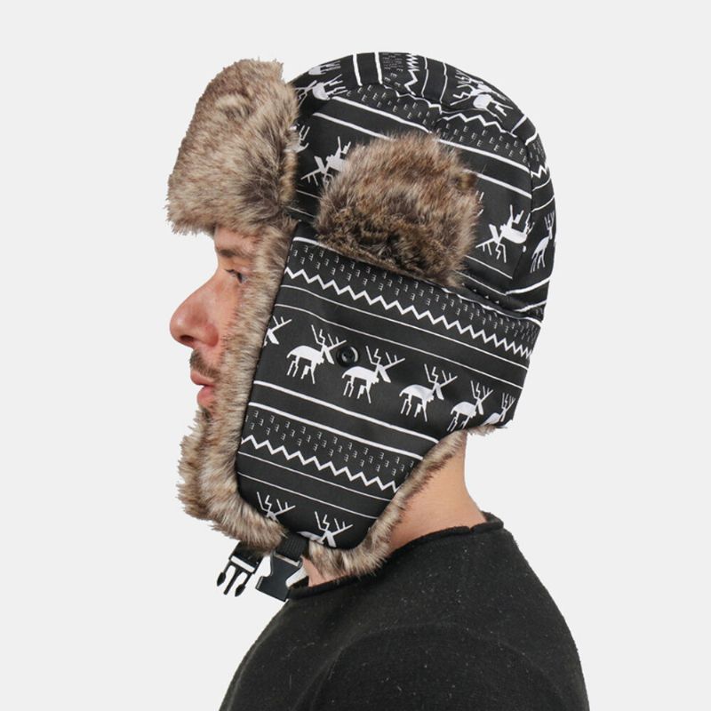 Män Stick Figur Får Mönster Tjocka Varm Trapper Hatt Utomhus Vindtät Öronskydd Jul Hatt Ushanka Hatt Rysk Hatt