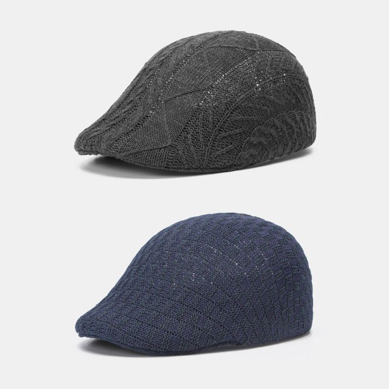 Män Stickad Enfärgad Feljusterade Ränder Twist Mönster Jacquard Casual Värme Basker Platt Keps