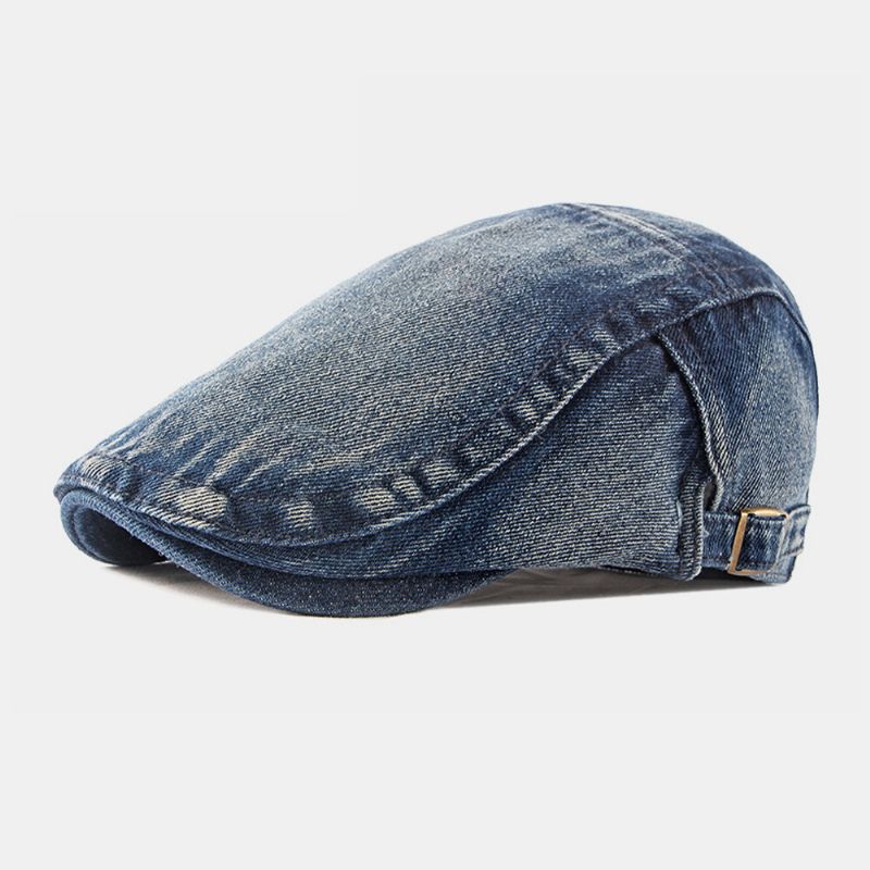 Män Tvättad Denim Gjord Gammal Casual Retro Driver Platt Hatt Fram Hatt Basker Hatt