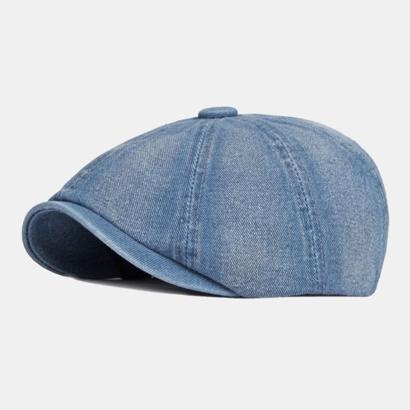 Män Tvättad Denim Rygg Elastiskt Band Design Justerbar Åttakantig Hatt Brittisk Retro Kortbrättad Newsboy Hat Flat Hat Målarhatt