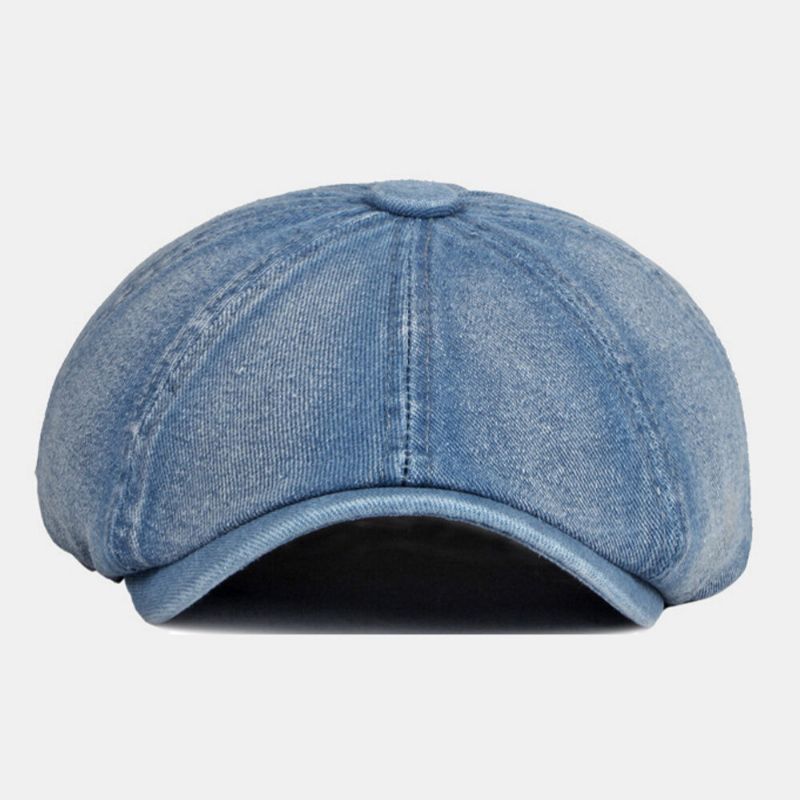 Män Tvättad Denim Rygg Elastiskt Band Design Justerbar Åttakantig Hatt Brittisk Retro Kortbrättad Newsboy Hat Flat Hat Målarhatt