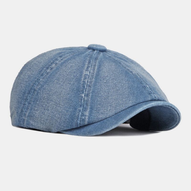 Män Tvättad Denim Rygg Elastiskt Band Design Justerbar Åttakantig Hatt Brittisk Retro Kortbrättad Newsboy Hat Flat Hat Målarhatt