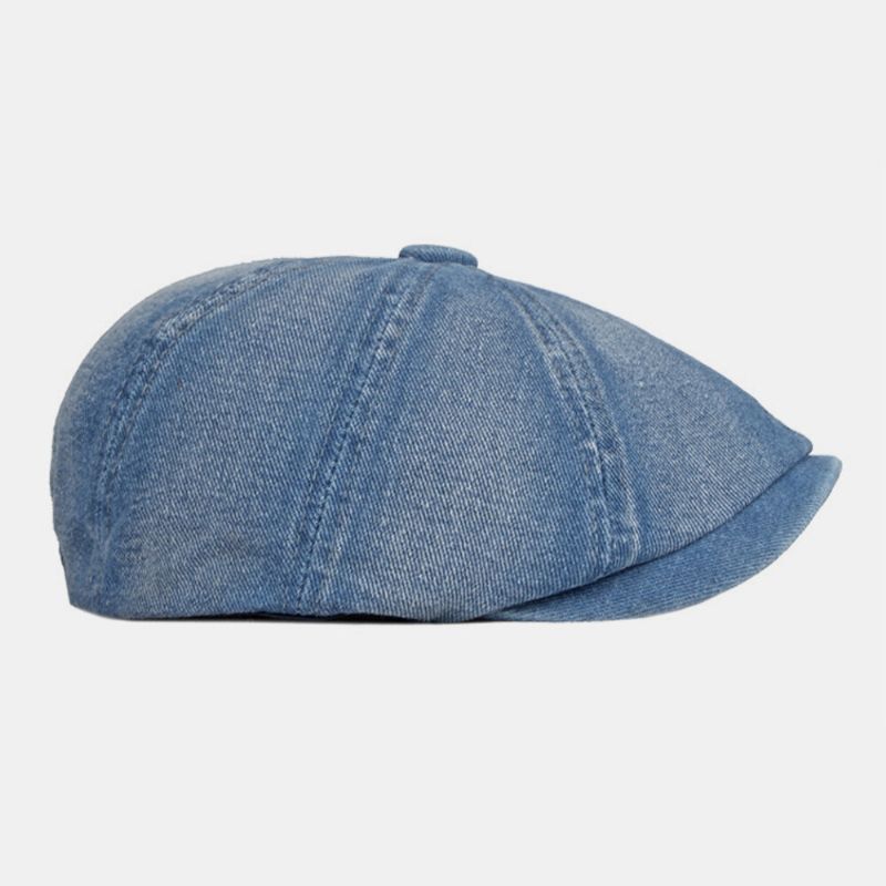 Män Tvättad Denim Rygg Elastiskt Band Design Justerbar Åttakantig Hatt Brittisk Retro Kortbrättad Newsboy Hat Flat Hat Målarhatt