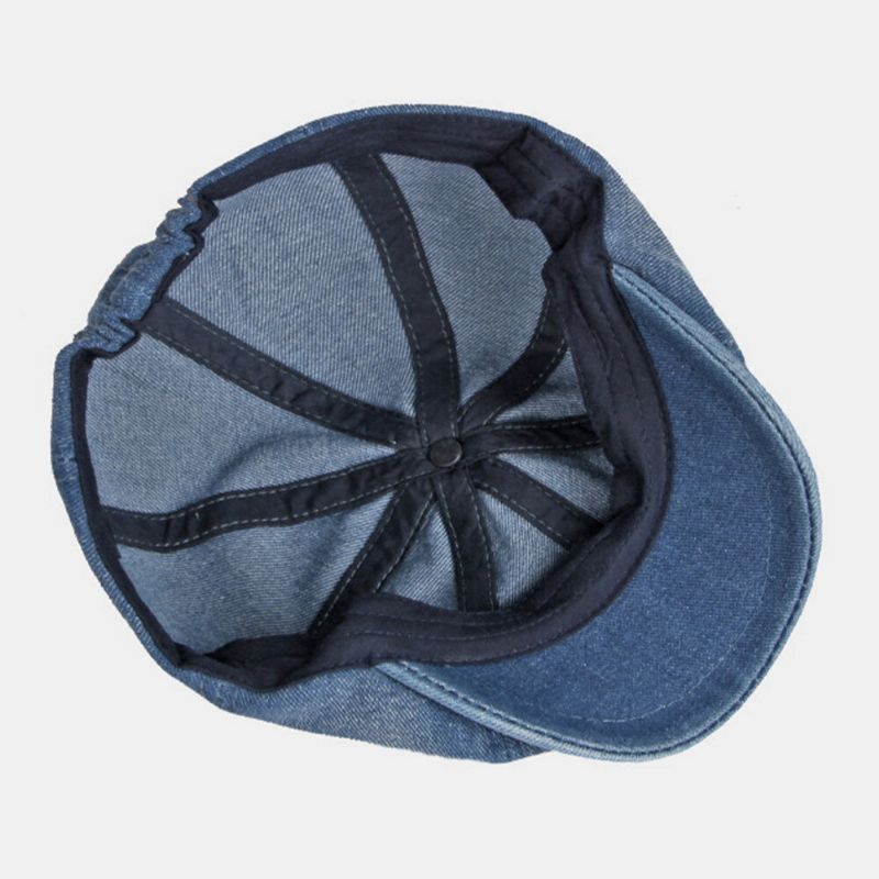 Män Tvättad Denim Rygg Elastiskt Band Design Justerbar Åttakantig Hatt Brittisk Retro Kortbrättad Newsboy Hat Flat Hat Målarhatt