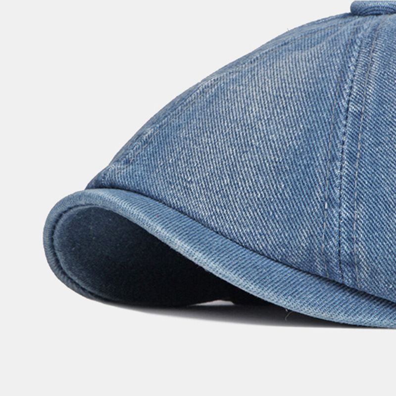 Män Tvättad Denim Rygg Elastiskt Band Design Justerbar Åttakantig Hatt Brittisk Retro Kortbrättad Newsboy Hat Flat Hat Målarhatt