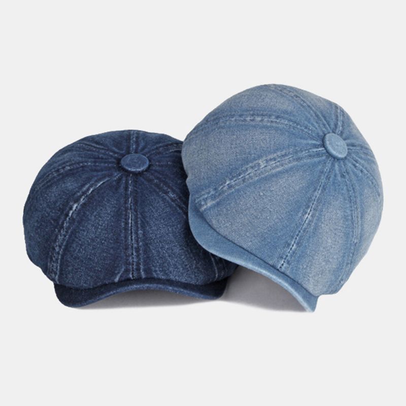 Män Tvättad Denim Rygg Elastiskt Band Design Justerbar Åttakantig Hatt Brittisk Retro Kortbrättad Newsboy Hat Flat Hat Målarhatt