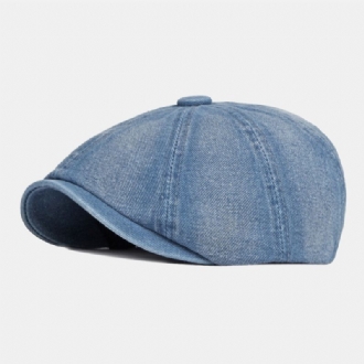 Män Tvättad Denim Rygg Elastiskt Band Design Justerbar Åttakantig Hatt Brittisk Retro Kortbrättad Newsboy Hat Flat Hat Målarhatt