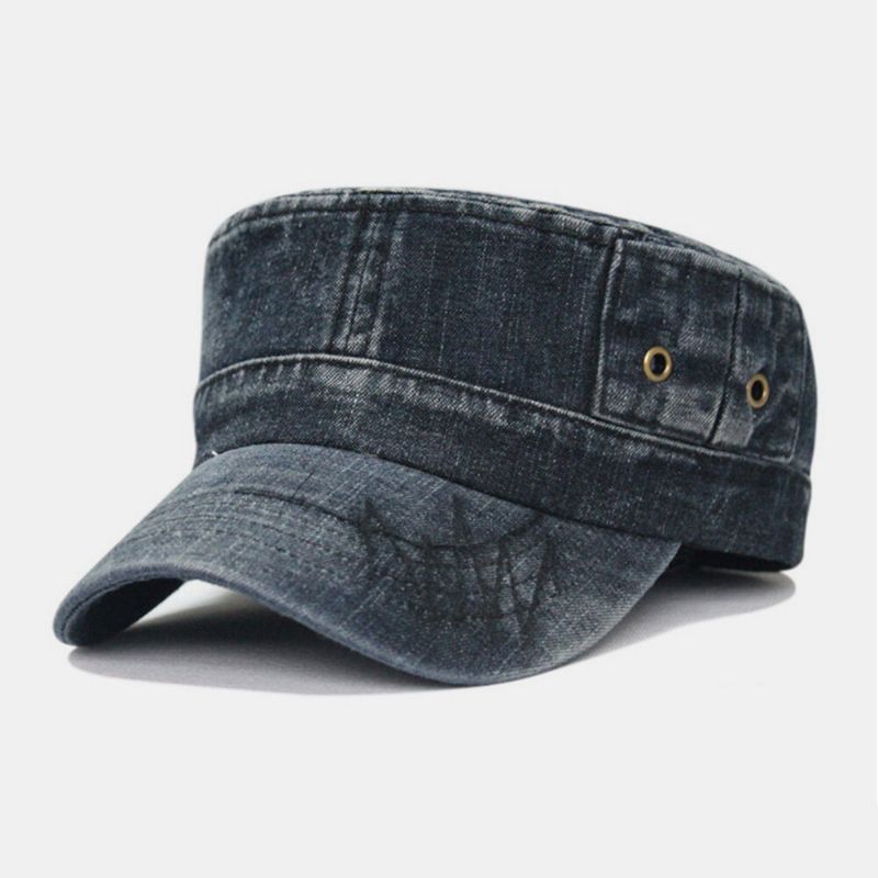 Män Tvättad Denim Tie Dye Broderi Trådmönster Flat Hat Utomhus Sport Justerbar Peaked Cap Army Hat