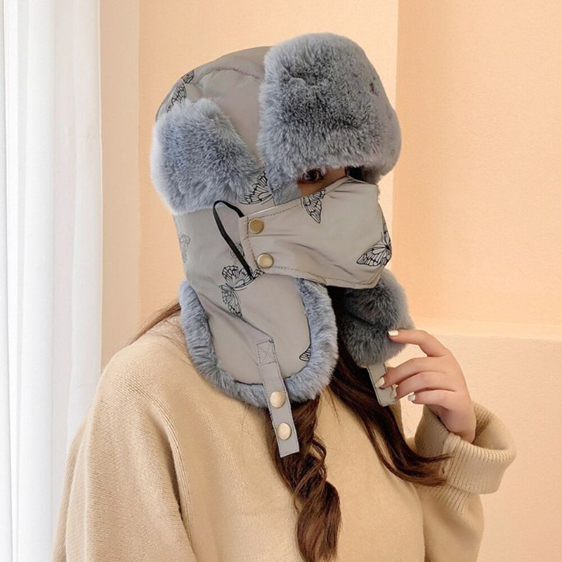 Uinsex Trapper Hat Tecknad Bokstav Geometrisk Reflex Vindtät Värme Med Mask Ushanka Hatt