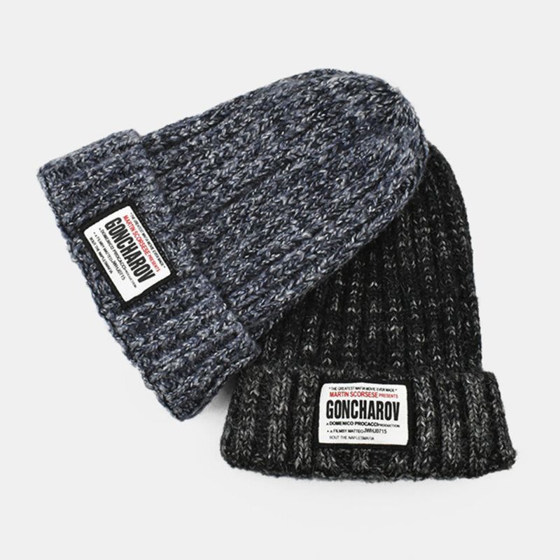 Unisex Blandad Färg Stickad Jacquard Brevtyg Patch All-match Warm Beanie Hat