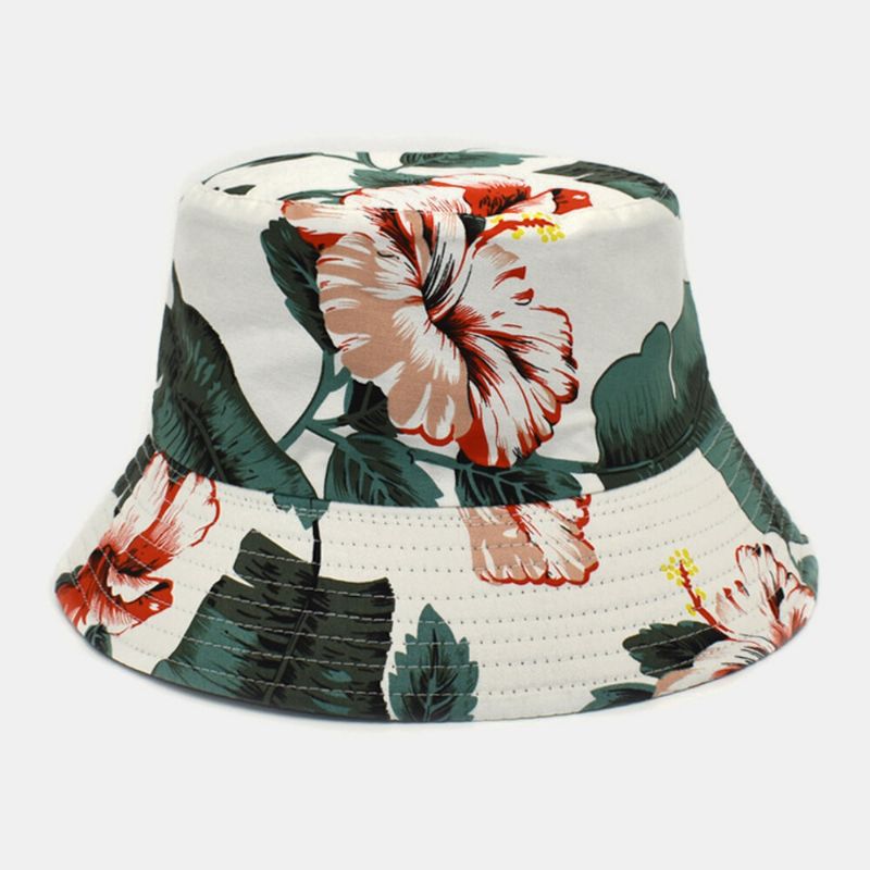 Unisex Bomull Dubbelsidig Bärbar Blommig Lövmönster Utskrift Bucket Hatt