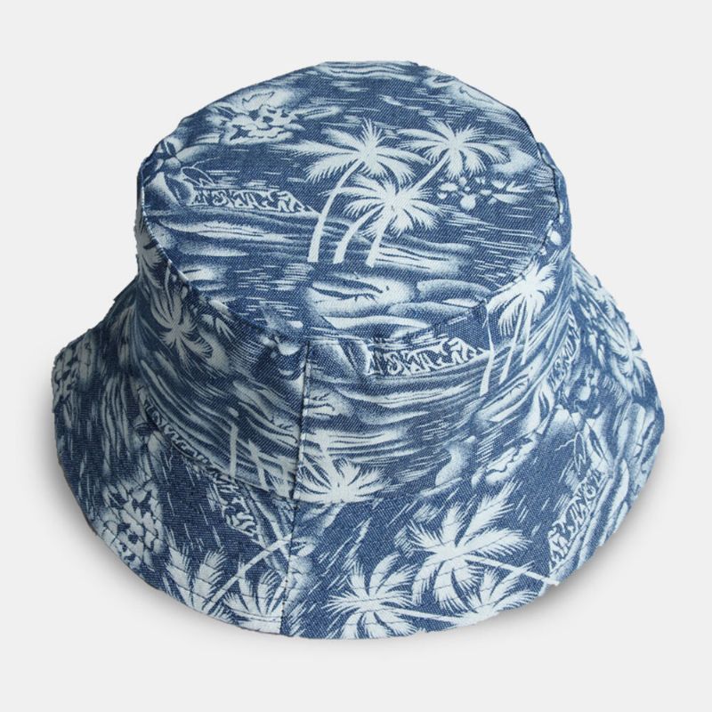 Unisex Bomull Dubbelsidigt Överlägg Coconut Tree Mönster Outdoor Sunshade Bucket Hat